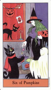 The 6 of Pumpkins (also known as the 6 of Pentacles), from the Halloween Tarot.