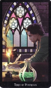 The 3 of Pentacles, from the Witches Tarot by Ellen Dugan and Mark Evans.  