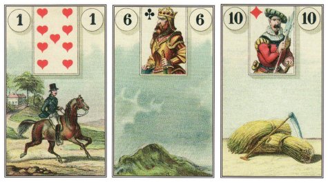 The cards in this morning's daily draw: Rider, Clouds, and Scythe, from the Dondorf Lenormand.